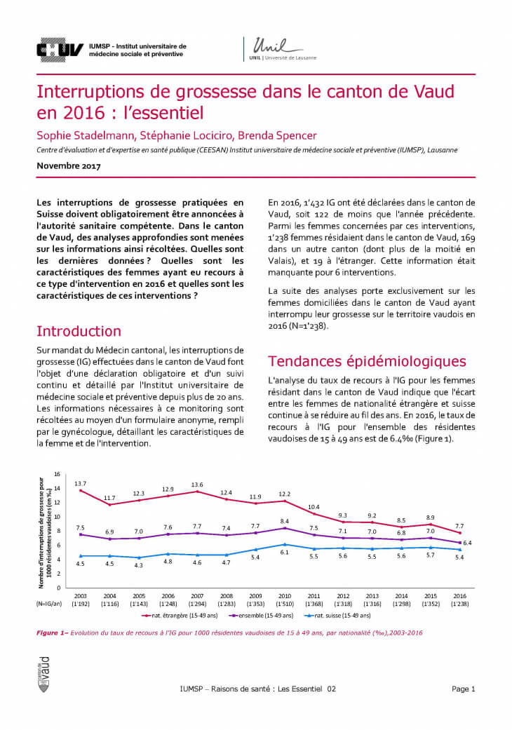 Interruptions de grossesse dans le canton de Vaud en 2016 : l’essentiel